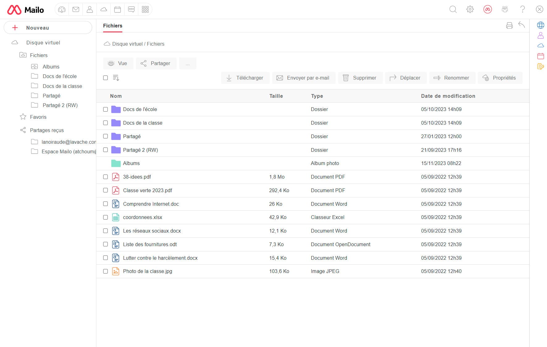 Capture d'écran de la liste des documents