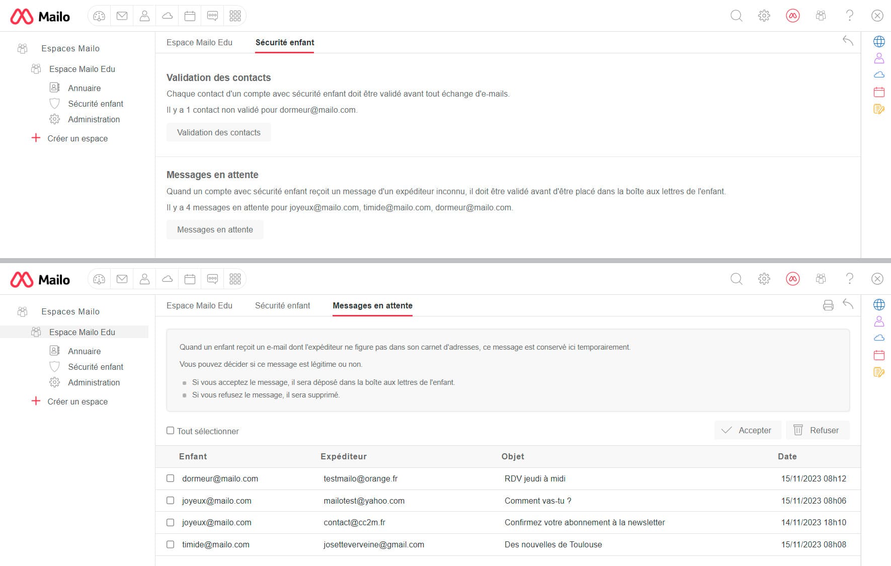 Capture d'écran des pages relatives à la sécurité enfant